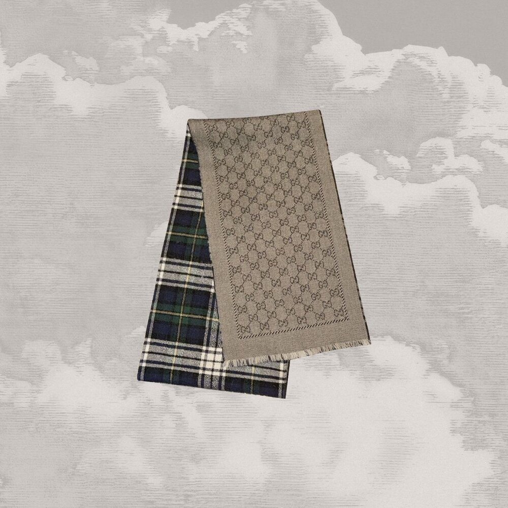 GUCCI scarf reversible 2-sided Plaid Tartan Signature Logo Wool Guccisima Dusty
